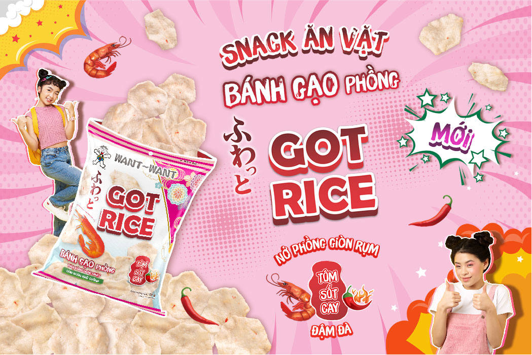 bánh ăn vặt Snack gạo phồng Got Rice vị tôm sốt cay Want Want