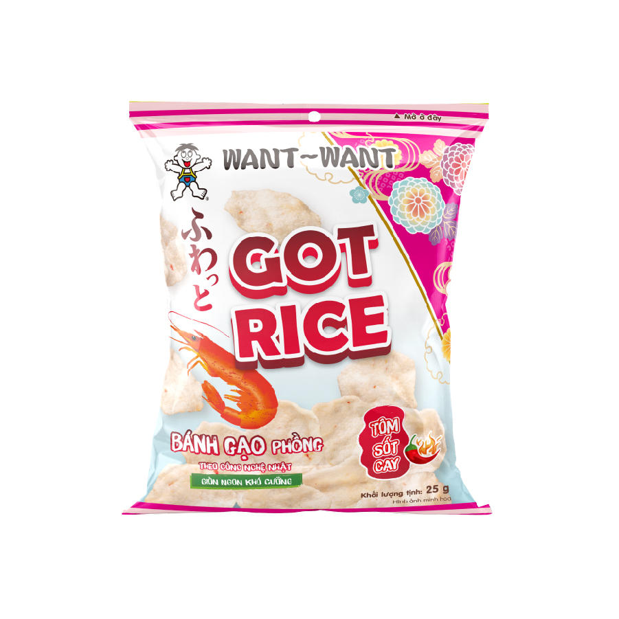 Sản phẩm bánh ăn vặt mới của Want Want - Snack gạo phồng Got Rice vị tôm sốt cay