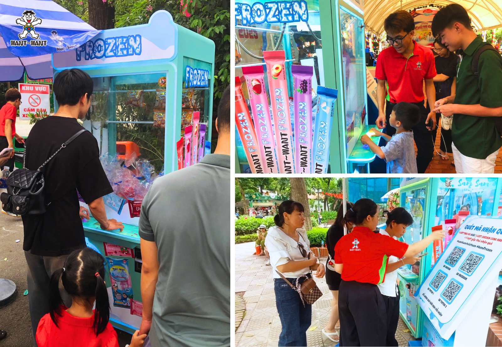 Check in nhận quà, chơi game nhận quà, rất nhiều kem Frozen miễn phí và quà tặng gửi tới khách hàng tại booth Want Want Frozen