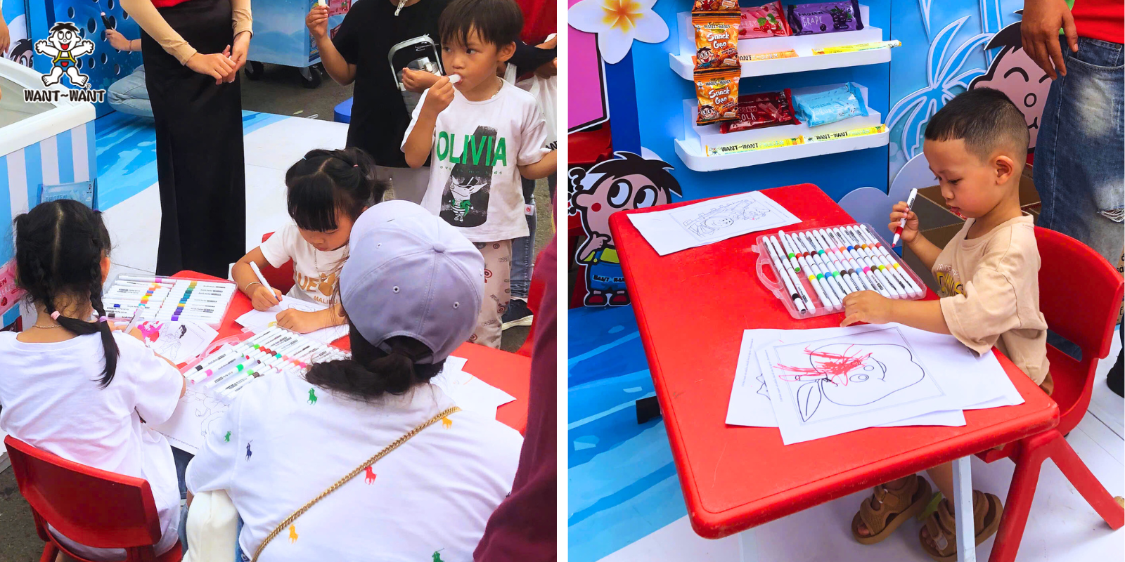 Các bạn nhỏ chơi vẽ tranh sáng tạo tại booth Want Want Frozen