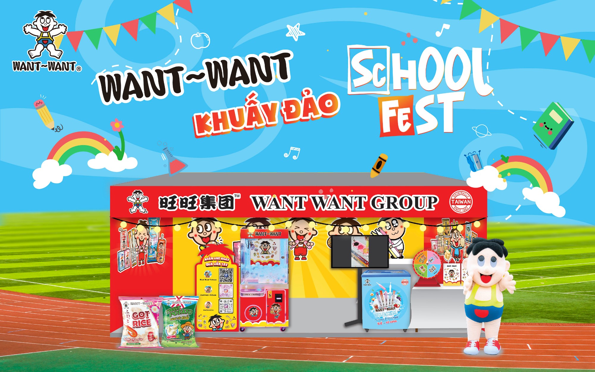 Gian hàng Want Want có nhiều hoạt động vui nhộn dành cho các bạn sinh viên làng đại học tại School Fest 2024